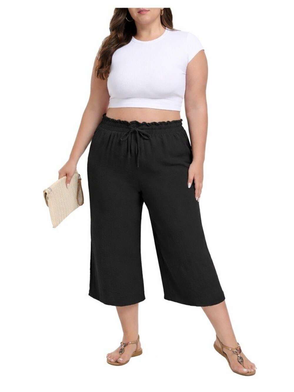 FREEOAK 2X High Waisted Wide Leg Drawstring Crop Pants Black NWT Summer Casual